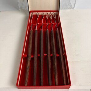 Set of 6 Teak Wood Handle Fondue Forks 12" Japan MCM Bar BBQ Smores 1960s
